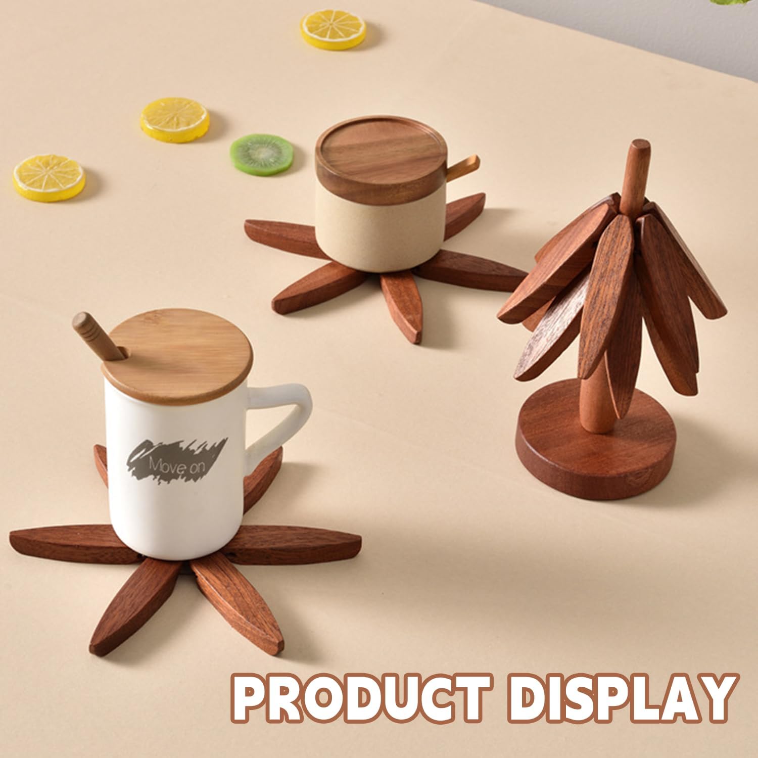 Skiennix Wooden Trivets - Tree Shape Set with 4 Walnut Wood Pieces & Stand | Foldable Hot Dish Holder