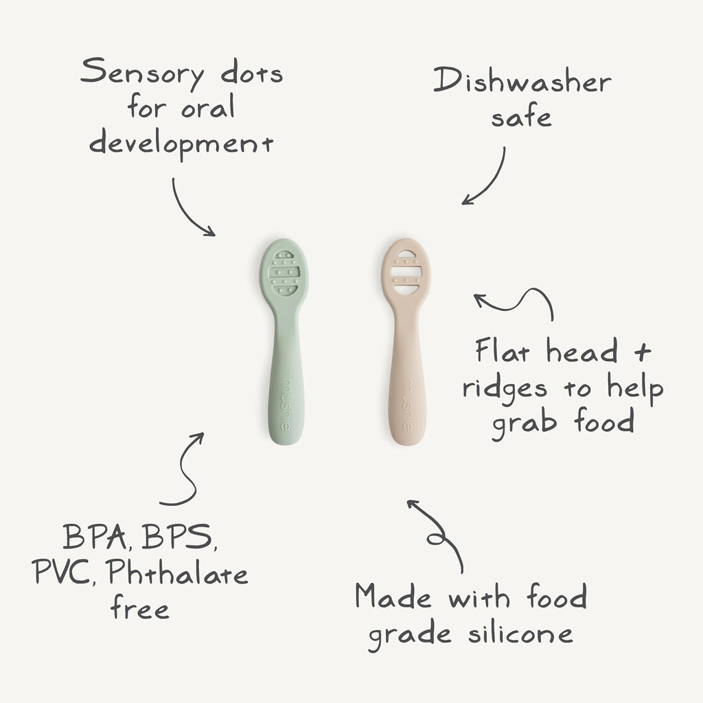 Mushie Silicone Baby Feeding Spoons - 2 Pack in Cambridge Blue & Shifting Sand