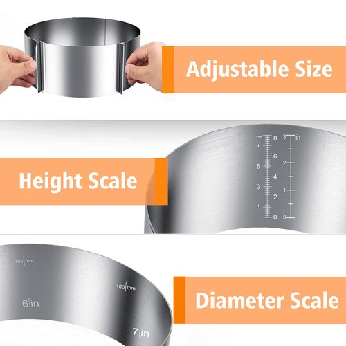 iNeibo Cake Ring and Cake Collar Set, 6 to 12 Inch Adjustable Cake Mousse Mould Set with 6inch Clear Cake Roll, Stainless Steel Pastry Ring, Mousse Ring, Ring Mold for Baking