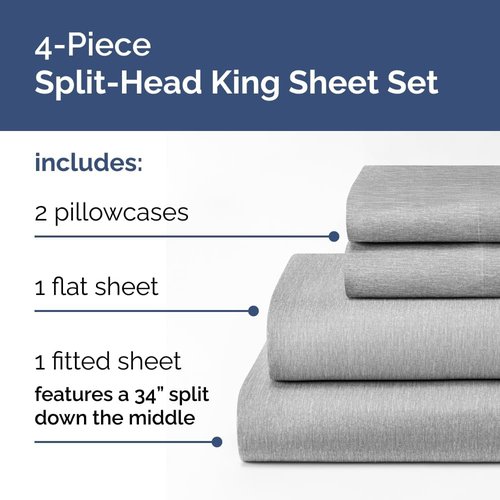 Flex Top Split Head King Sheet Set - Comfy, Breathable Cooling Bed Sheets | Luxury Hotel Quality - Deep Pockets, Soft Oeko-Tex - Heathered Grey