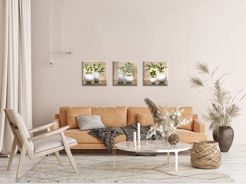 3 Piece Wall Art for Living Room, SZ Elegant Canvas Painting Prints of Green Spring Plants in White Vases on Beige/Tan Picture (Waterproof Decor, 1" Thick, Bracket Mounted Ready to Hang, Large)