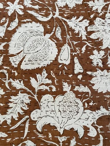 Handmade Kantha Quilt - Floral Cotton Throw Blanket, 108x108