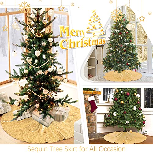 48-Inch Gold Sequin Christmas Tree Skirt - Glitter Holiday Tree Cover