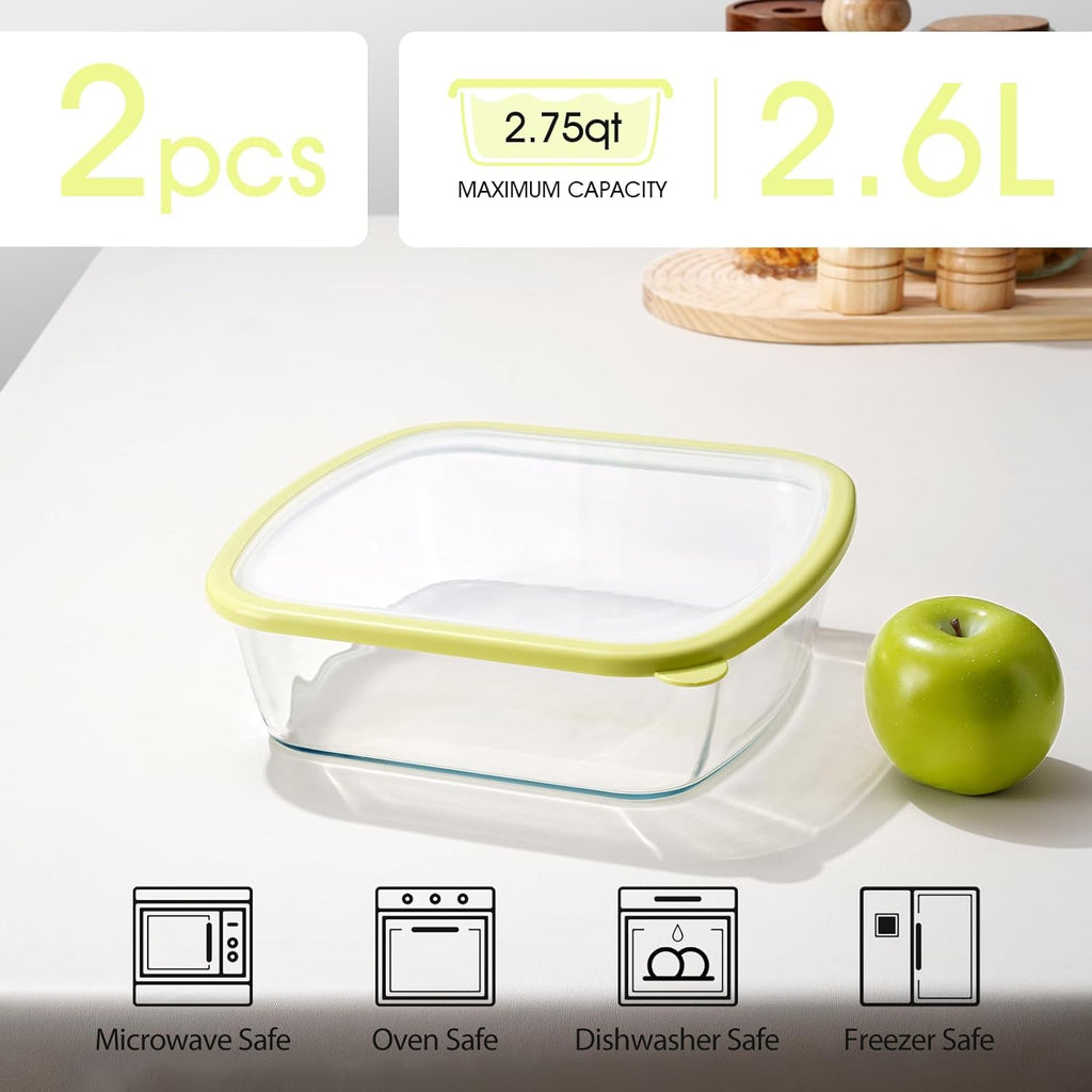 NUTRIUPS 9 x 9 Glass Baking Dish Set - 2.75QT Deep Pan with Lid | Durable Yellow Bakeware (2 Pack)