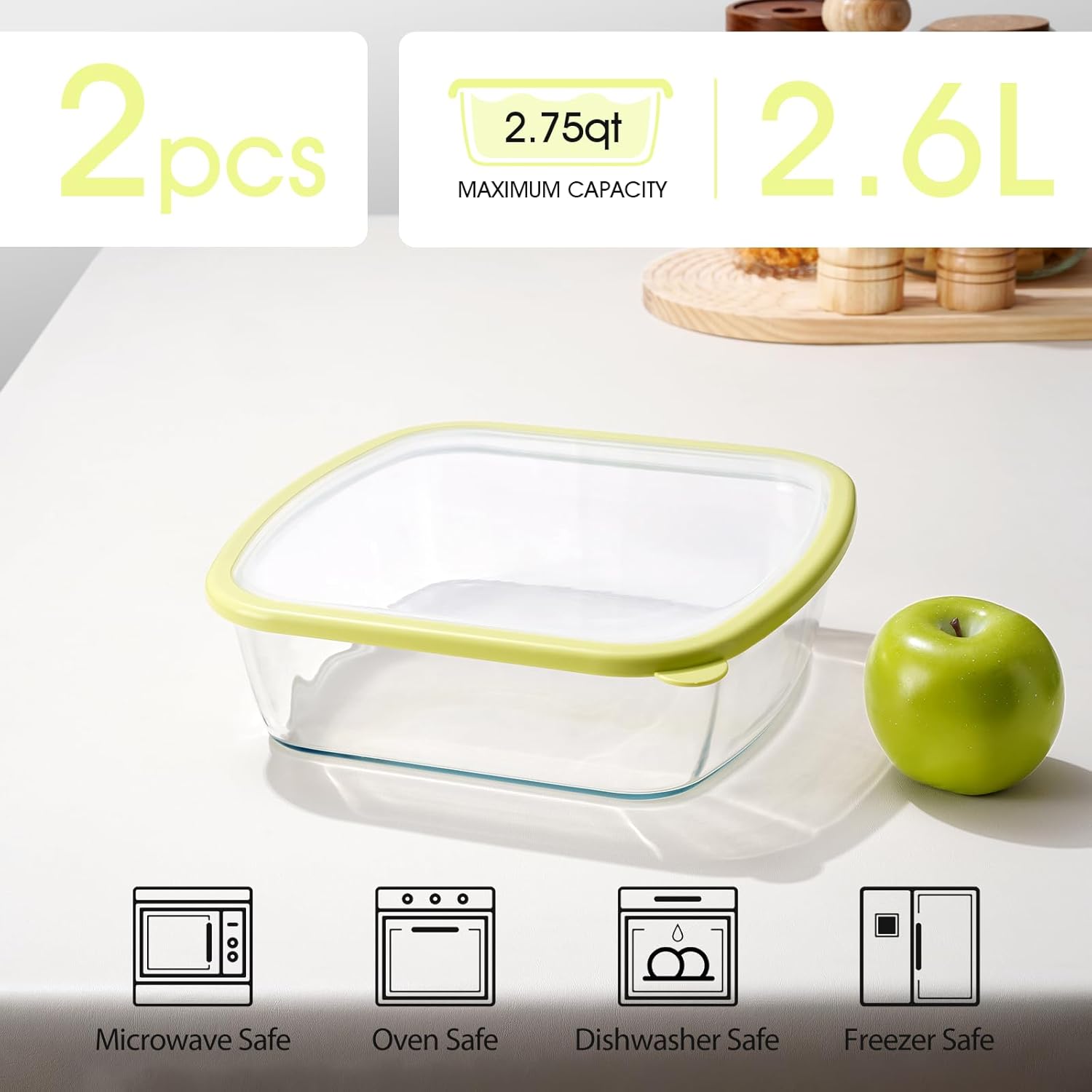 NUTRIUPS 9 x 9 Glass Baking Dish Set - 2.75QT Deep Pan with Lid | Durable Yellow Bakeware (2 Pack)