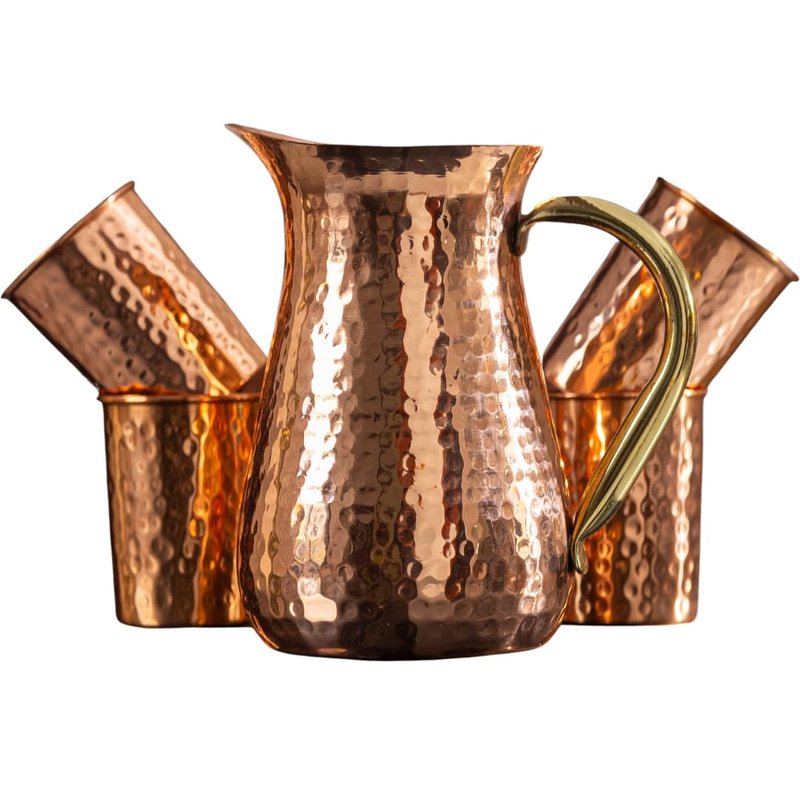 POSHGRAM Copper Pitcher Handcrafted Excellence, Hammered Texture Copper Water Pitcher with Sturdy Handle, Set of 4 Glasses for Everybody, Capacity of jug -1.25 L and Capacity of each glass -250ml
