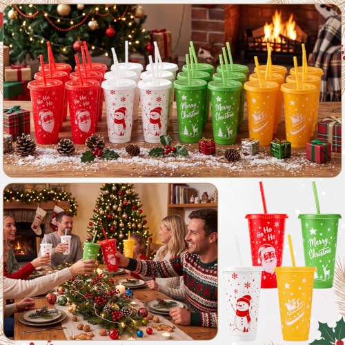 Sliner 40 Pack Christmas Plastic Cups with Lid & Straw - Cute Style, 24oz Reusable Holiday Drinkware
