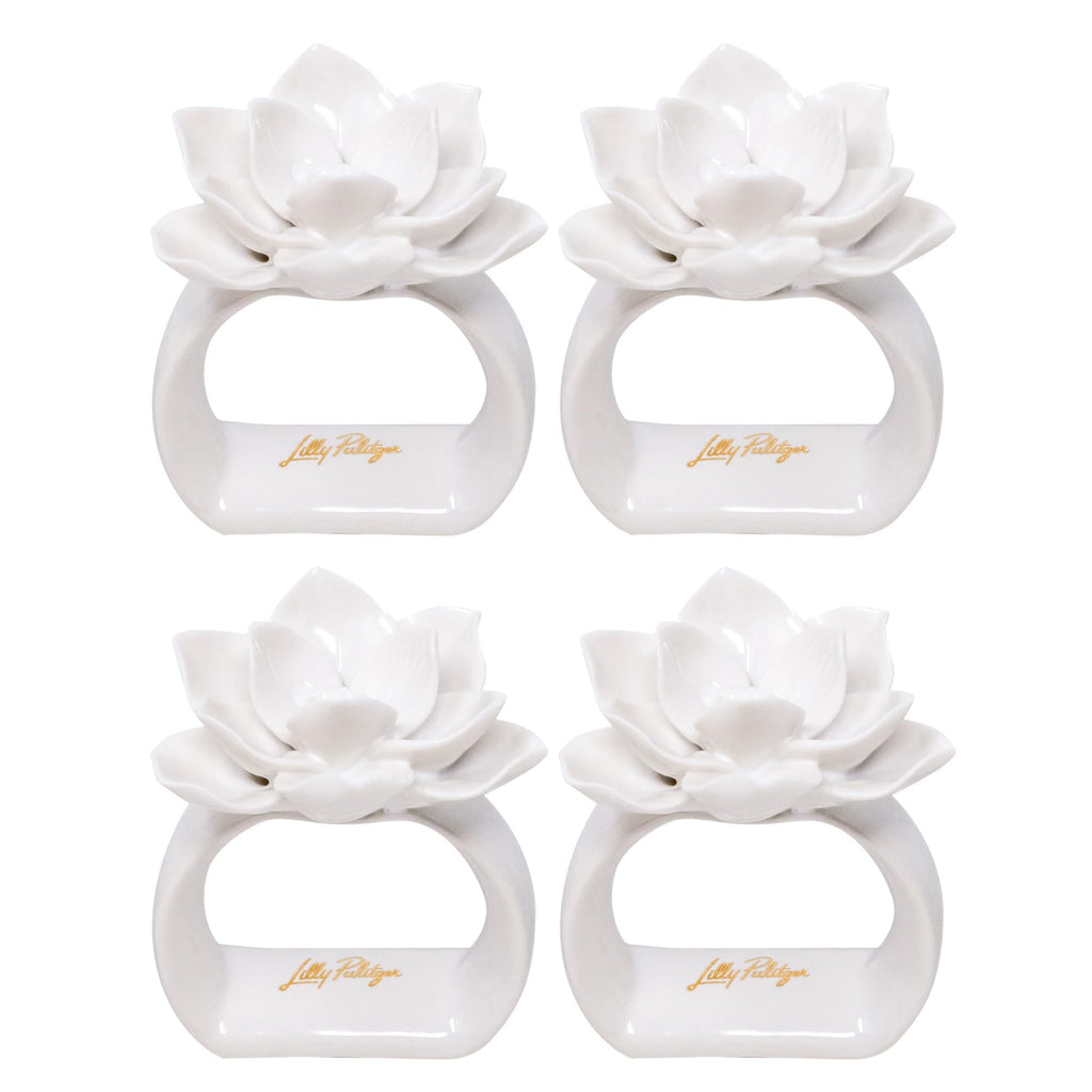 Lilly Pulitzer Ceramic Napkin Rings, Flower Table Setting Accessories, White Napkin Holder Rings, Set of 4, Flower