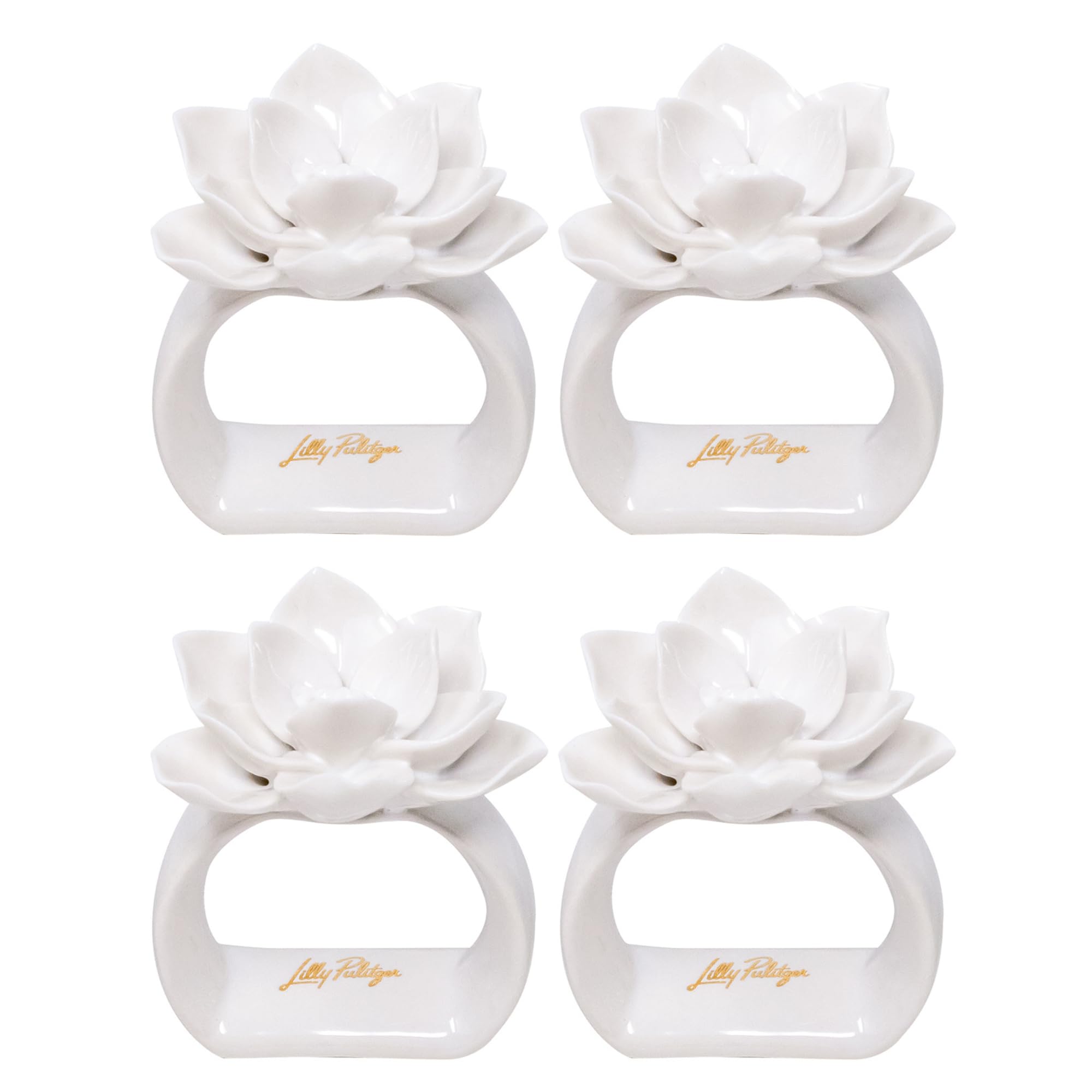 Lilly Pulitzer Ceramic Napkin Rings, Flower Table Setting Accessories, White Napkin Holder Rings, Set of 4, Flower