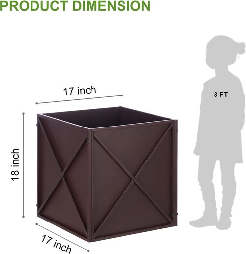 BAYN Metal Square Planter Box - Modern Heavy-Duty Design with Drainage Holes | Brown, 17”x17”x18”
