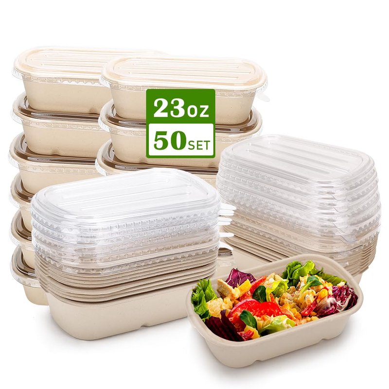 Aksipo 50 Pack 23 Oz Disposable Meal Prep Containers with Lids, Rectangle Paper Bowls with Lids for Salad,Leftovers, Leak-proof To Go Food Box Cardboard Lunch Box Compostable Take Out Food Containers