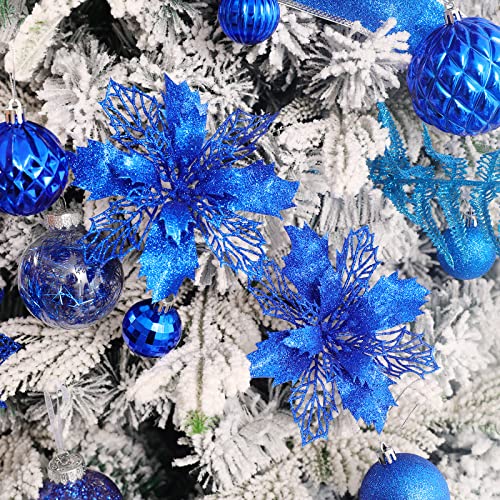 Wironlst 16Pcs Glitter Poinsettia Flowers Blue - Christmas Tree Wreath Decorations