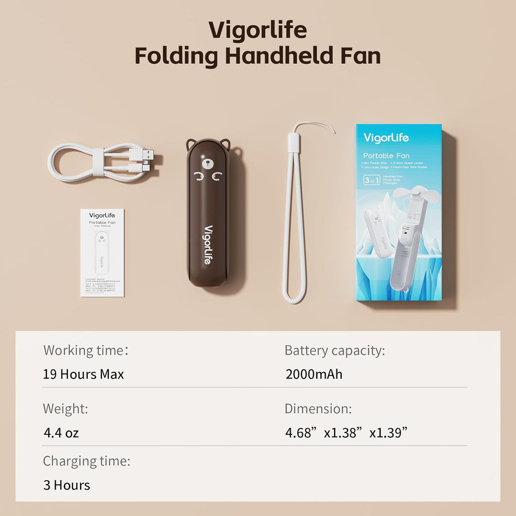 Skiennix Mini Handheld Fan - USB Rechargeable 3-in-1 Personal Cooler with Power Bank & LED Flashlight | Portable Brown Travel Essential