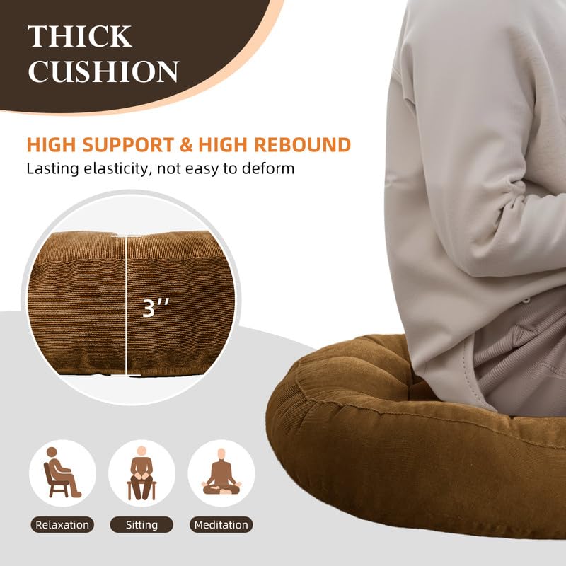 Set of 2 Round Tufted Corduroy Meditation Floor Cushions - 16.5-Inch Yellow