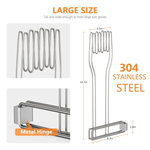 KORRTFID Kitchen Glove Holder,Stainless Steel Glove Rack,Kitchen Vertical Glove Support Multi-Purpose Glove Drain Rack,Collapsible Glove Drying Stand,Rubber Glove Drying Rack,Mitten Rack(Large)