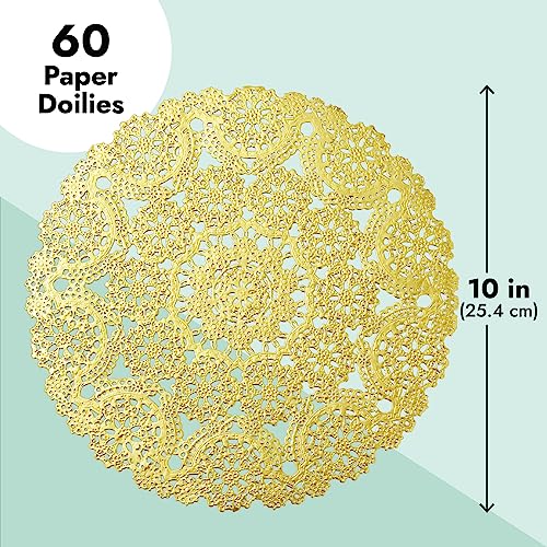 Gold 10 Inch Paper Doilies, 60-Pack Round Lace Placemats for Wedding & Table Decor