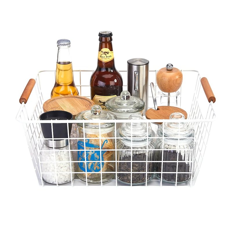 LeleCAT Large white wire baskets with Wooden Handles for storage pantry, Storage Organizer Baskets, Household Refrigerator for Cabinets, Closets, Bedrooms, kitchen - Set of 3 White