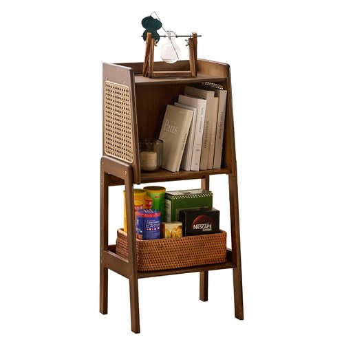 Welnow Bamboo Rattan Bookcase with Cabinet, 1-Tier Storage Shelf with Side Table & End Table Function, Large Modern Wood Organizer for Living Room or Bedroom, Walnut Bookshelf