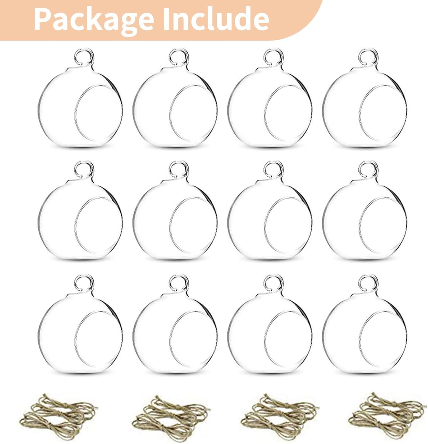 Skiennix 12 Pcs Hanging Glass Tealight Holders - 3.15" Globe Terrariums for Indoor/Outdoor Decor