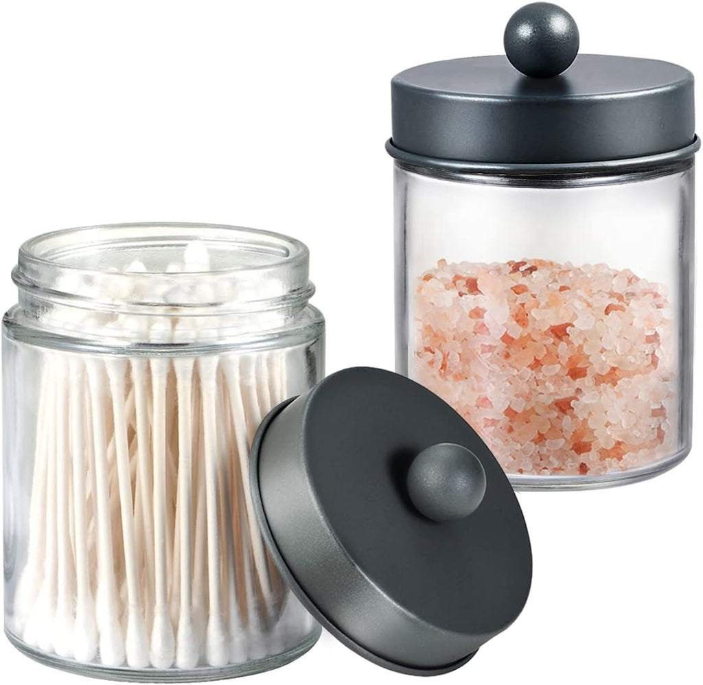 Amolliar Apothecary Jars - Stylish Bathroom Storage Organizer | Glass Canister Set with Lid for Q-Tips, Cotton Swabs & Makeup Accessories - Grey (2 Pack)