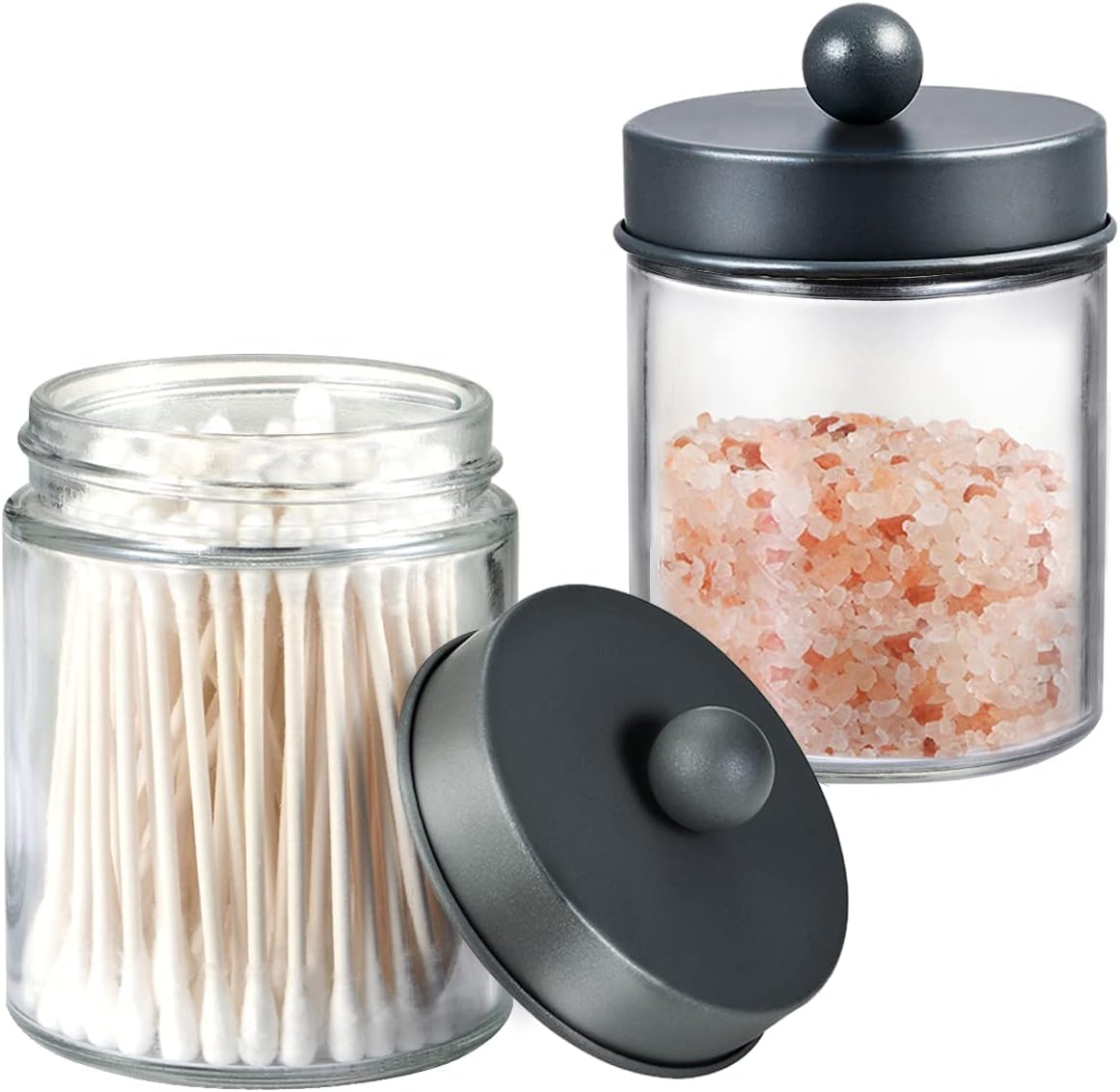 Amolliar Apothecary Jars - Stylish Bathroom Storage Organizer | Glass Canister Set with Lid for Q-Tips, Cotton Swabs & Makeup Accessories - Grey (2 Pack)