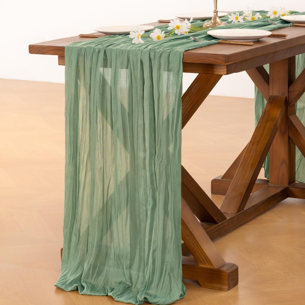 Socomi Cheesecloth Table Runner - 3pcs Sage Green Boho Rustic Design | 120 Inch for Weddings & Events