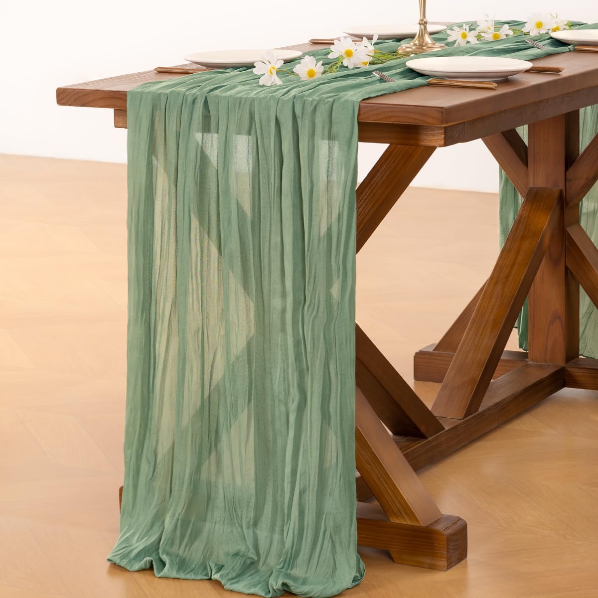 Socomi Cheesecloth Table Runner - 3pcs Sage Green Boho Rustic Design | 120 Inch for Weddings & Events