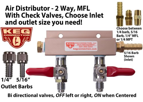 2 Way CO2 Manifold with Integrated Check Valves and MFL Fittings Bundle by Kegconnection,Copper