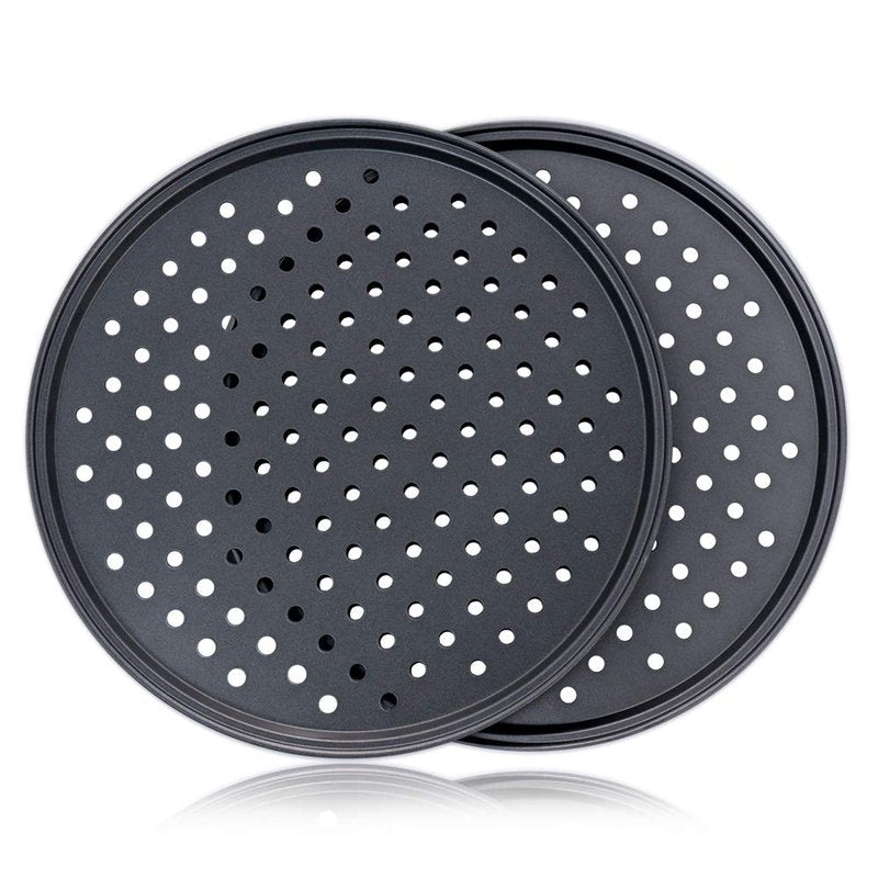 Pizza Pan With Holes, 2 Pack Carbon Steel Perforated Non-Stick Tray Tool Crispy 12inch Round for Home Kitchen