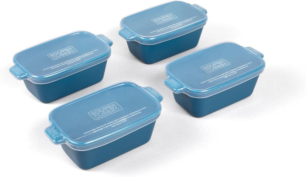 Souper Cubes Stoneware - Small 5" x 3" Ceramic Baking Dish Set with Silicone Covers | Blueberry Color, Perfect for Reheating Single Servings