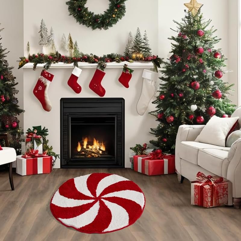 ELDONE Red & White Candy Swirl 24x24 In Non-Slip Bathroom Rug - Festive Christmas Round Mat