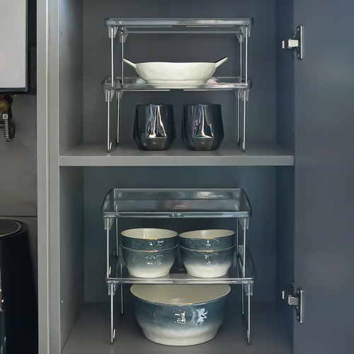 HTRYBNES 4 Pack Cabinet Organizer Shelf, Stackable Kitchen Counter Shelves, Clear Plastic Shelf Riser, Foldable Spice Rack for Bowls, Mugs, Plates, Spice, Pantry Organizer (11.6 x 8.2 x 5.9 inches)