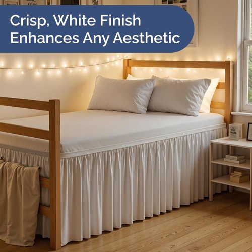 Wrap Around Dorm Room Bed Skirt - For Twin XL Size Beds w/ 34 Inch Drop - Extra Long Dust Ruffled College Bedskirt with Split Corners - Easy Fit Elastic Strap - Adjustable, Fade & Wrinkle Free - White