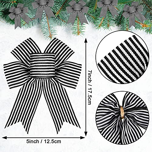 MTLEE 12-Pack Black White Stripe Christmas Bows with Hemp Rope, 5x7 inch