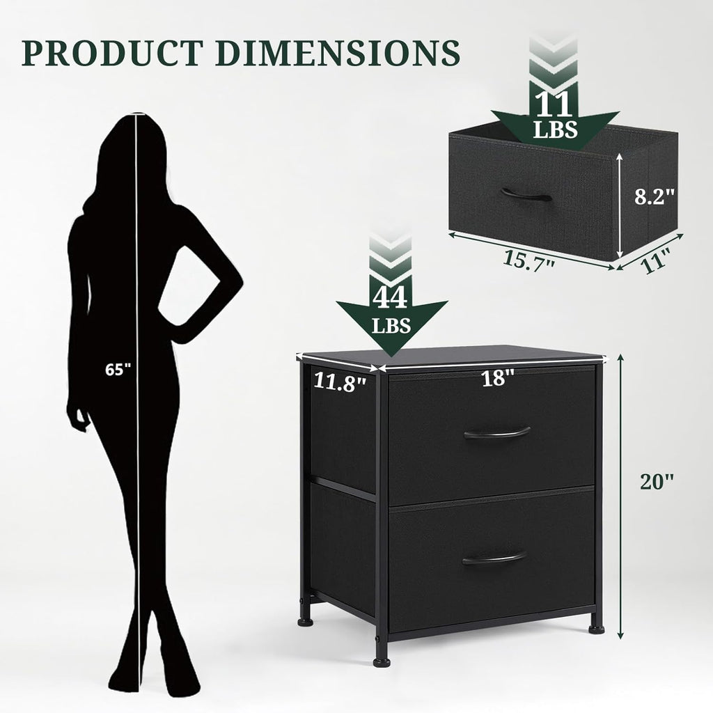 Nightstand | Small 2-Drawer Dresser by [Brand Name] - Stylish Wooden Top & Fabric Bins, Black, 11.8" D x 18" W x 20" H