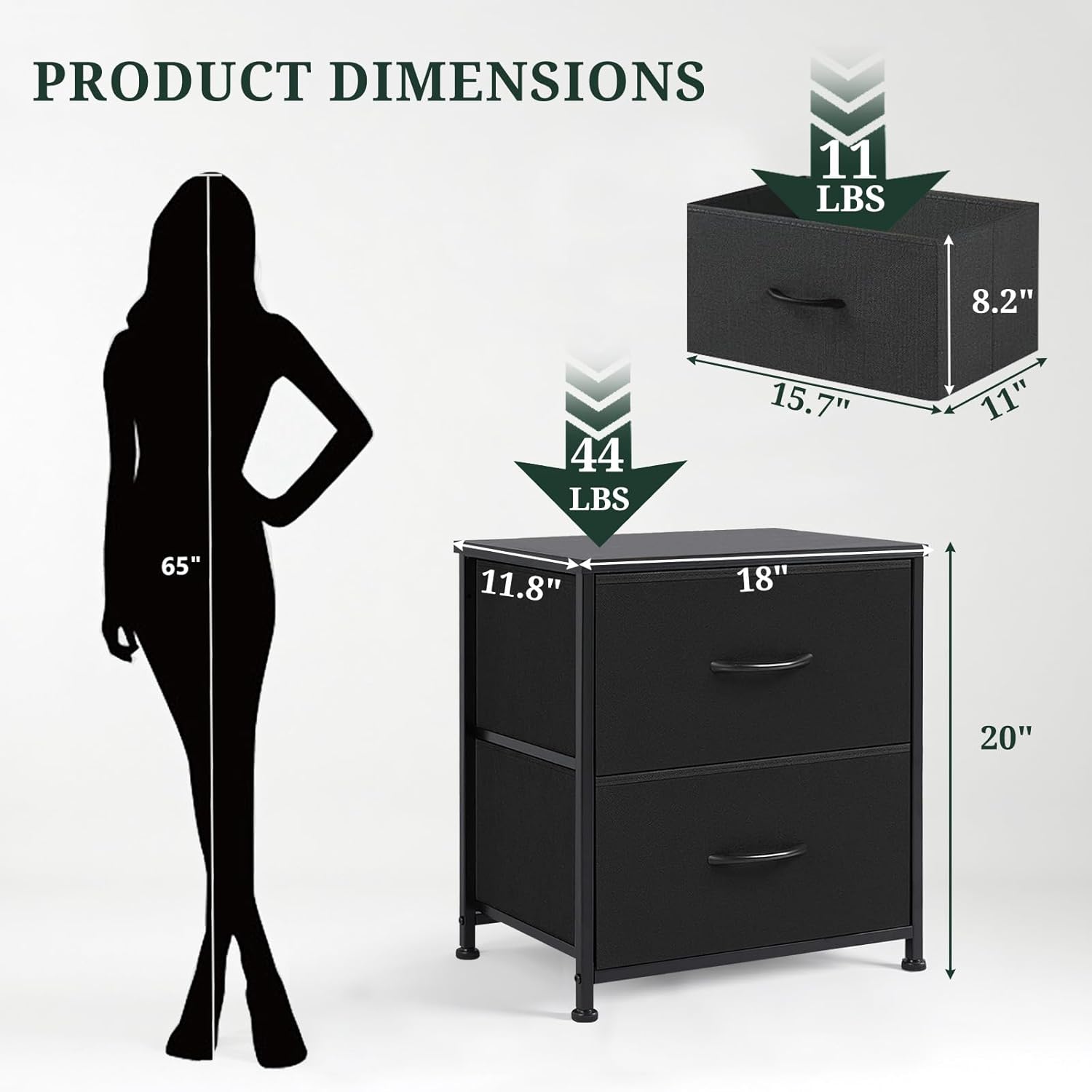 Nightstand | Small 2-Drawer Dresser by [Brand Name] - Stylish Wooden Top & Fabric Bins, Black, 11.8" D x 18" W x 20" H