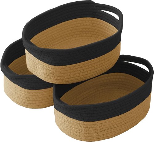 JMvicyroam Woven Storage Baskets - Small Rope Bins with Handles for Organizing Shelves & Closets | Black & Jute, 3-Pack