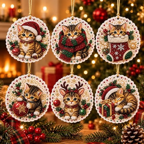 BRKYKGK 6Pcs Christmas Diamond Art Kit - Lace-Edge Kitten Ornaments with Hanging Twine (Style9)