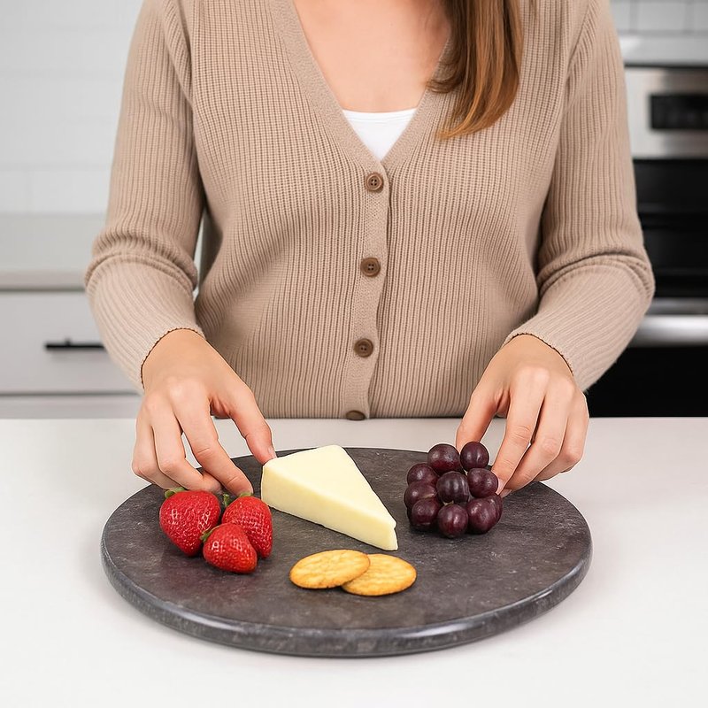 Creative Home Natural Charcoal Marble 12 Inch Round Cheese Board Charcuterie Board Dessert Bread Serving Platter For Kitchen Baking Party Serving, 12 Inch Diameter, Grey