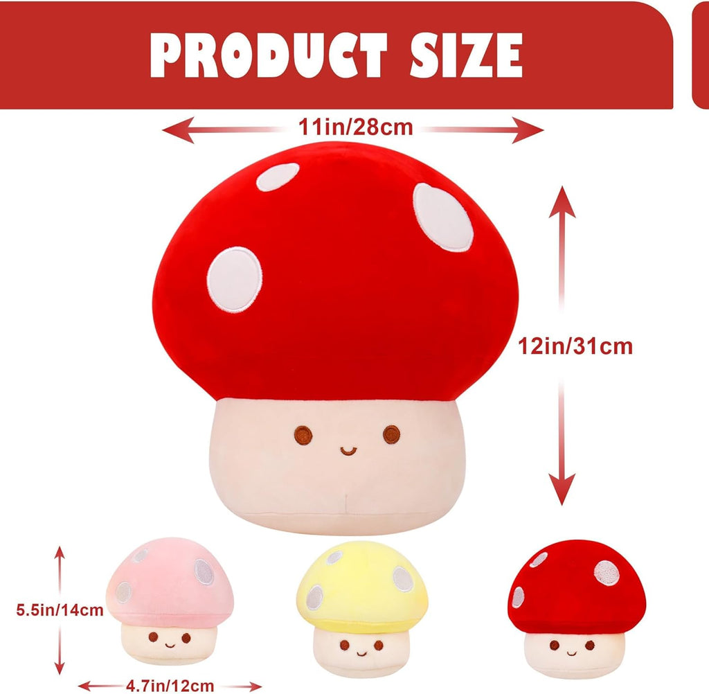 WeBingo Mushroom Plush Pillow Set - 12-Inch Jumbo Stuffed Animal Decor with 3 Baby Mushrooms | Perfect Gift for Kids & Adults