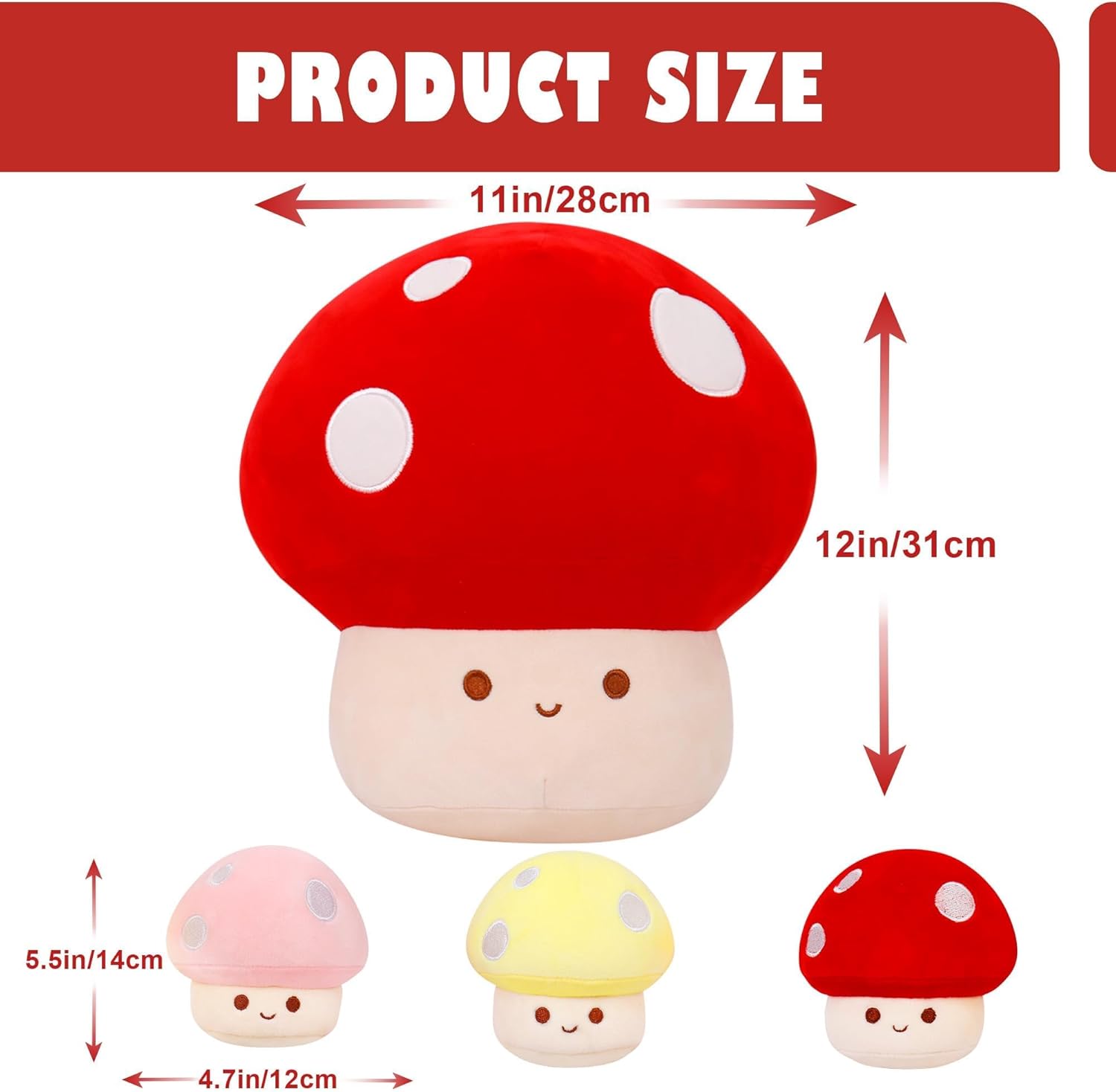 WeBingo Mushroom Plush Pillow Set - 12-Inch Jumbo Stuffed Animal Decor with 3 Baby Mushrooms | Perfect Gift for Kids & Adults