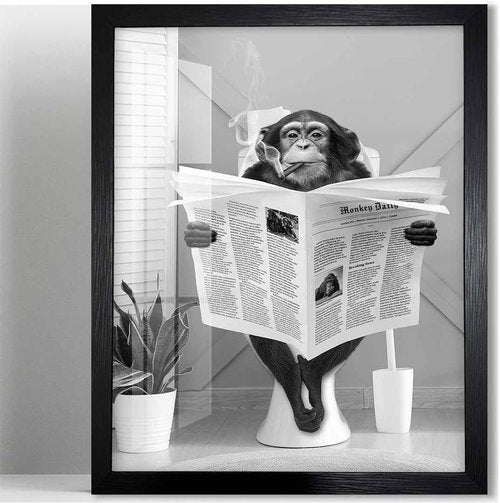 Biufo Monkey on Toilet Wall Art - Framed Canvas Print for Unique Bathroom Decor (8"x10")