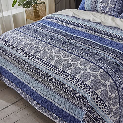 Boho Quilt Set King Size - Blue Bohemian 3-Piece Lightweight Bedspread Coverlet