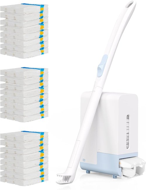 AIR U+ Disposable Toilet Brush Wand - Wall Mount Cleaning System with 24 Flushable Refills & Caddy