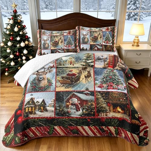 ITFRO Retro Christmas Queen Quilt Set Snow Scene Holiday Bedding with Pillow Shams