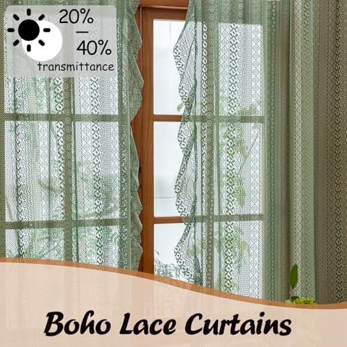 Sutuo Home Boho Lace Curtains 2 Panels 50x96 Olive Green - Vintage French Country Sheer Rod Pocket
