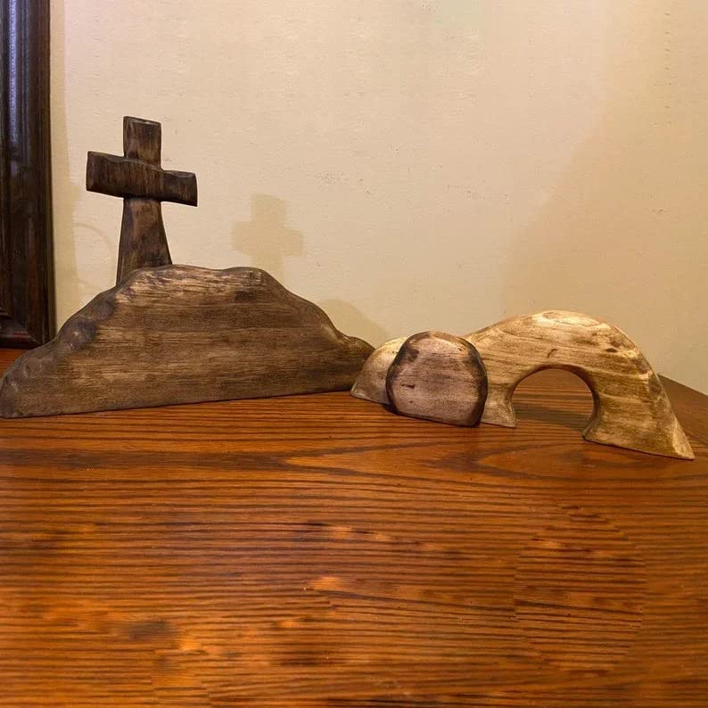 Handcrafted Wooden Easter Empty Tomb Scene & Cross Tabletop Decor Set