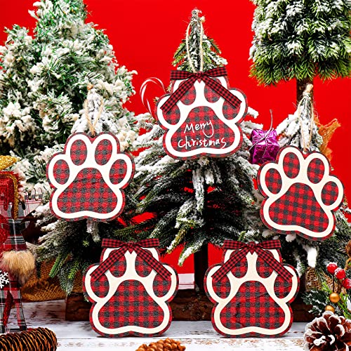 Maitys Red & Black 12-Pack Christmas Dog Paw Wooden Ornaments with Bow Ties for Holiday Tree Decor