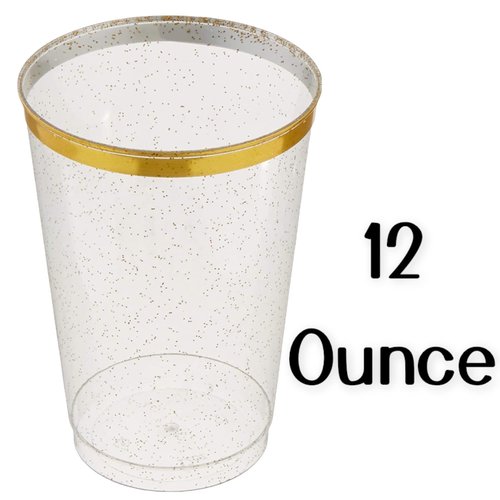 12oz Hard Plastic Party Cups – Perfect for Home, Office, Bars, Weddings, Showers, Birthdays, Anniversaries, and Parties Durable & Stylish Old Fashioned Tumblers (Gold Glitter with gold rim, 50 Pack)