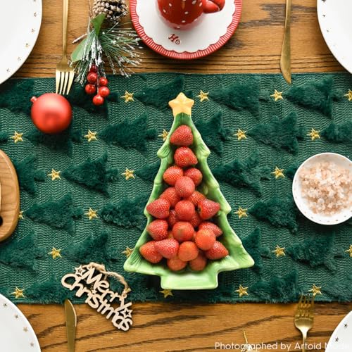 Christmas Tree Stars and Faux Fur Table Runner 13x108 Inches - Green Gold